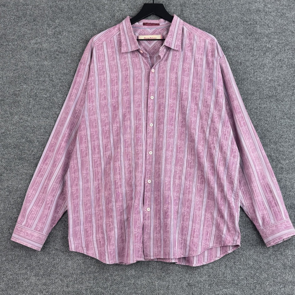 Tommy Bahama Button Up Shirt Mens XXL Pink Textured Plaid Silk Blend Long Sleeve
